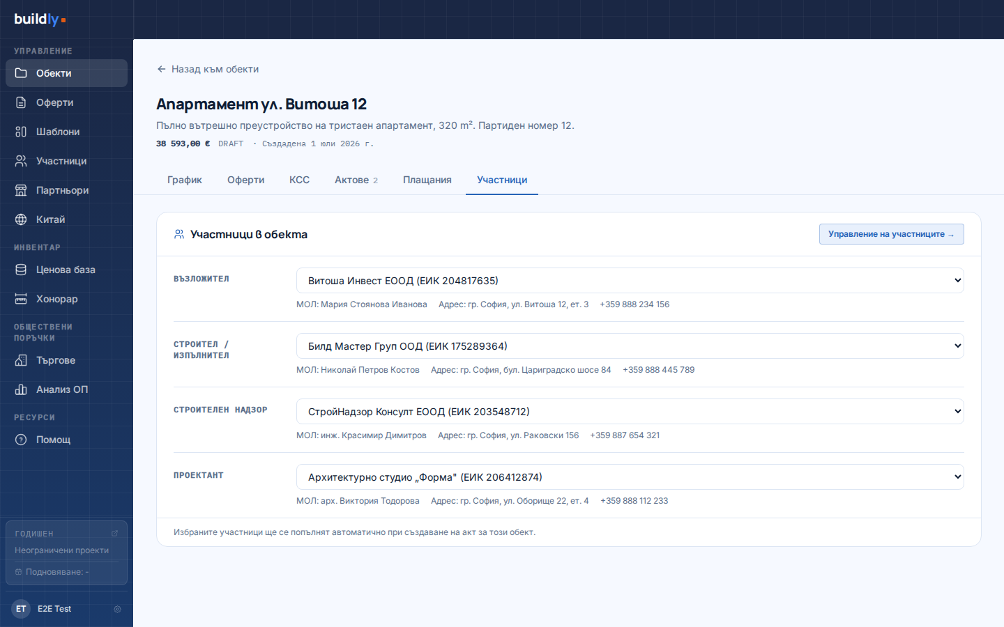 Списък с 4 автоматично попълвани роли в реален проект в Buildly · възложител, изпълнител, надзор, проектант · с ЕИК и МОЛ полета